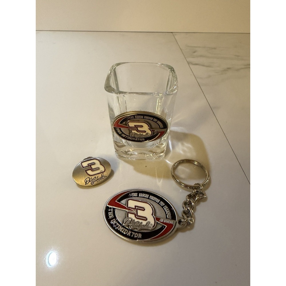 Nascar Winston Champion #3 Dale Earnhardt shot glass, Keychain And Pin 2002